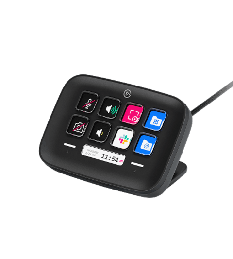 Elgato Stream Deck control device in black, angled official studio product shot showing the customizable LCD keys and touch strip display