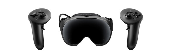 Valve Steam Frame standalone VR headset with its two wireless Steam Frame Controllers, front-facing official product shot