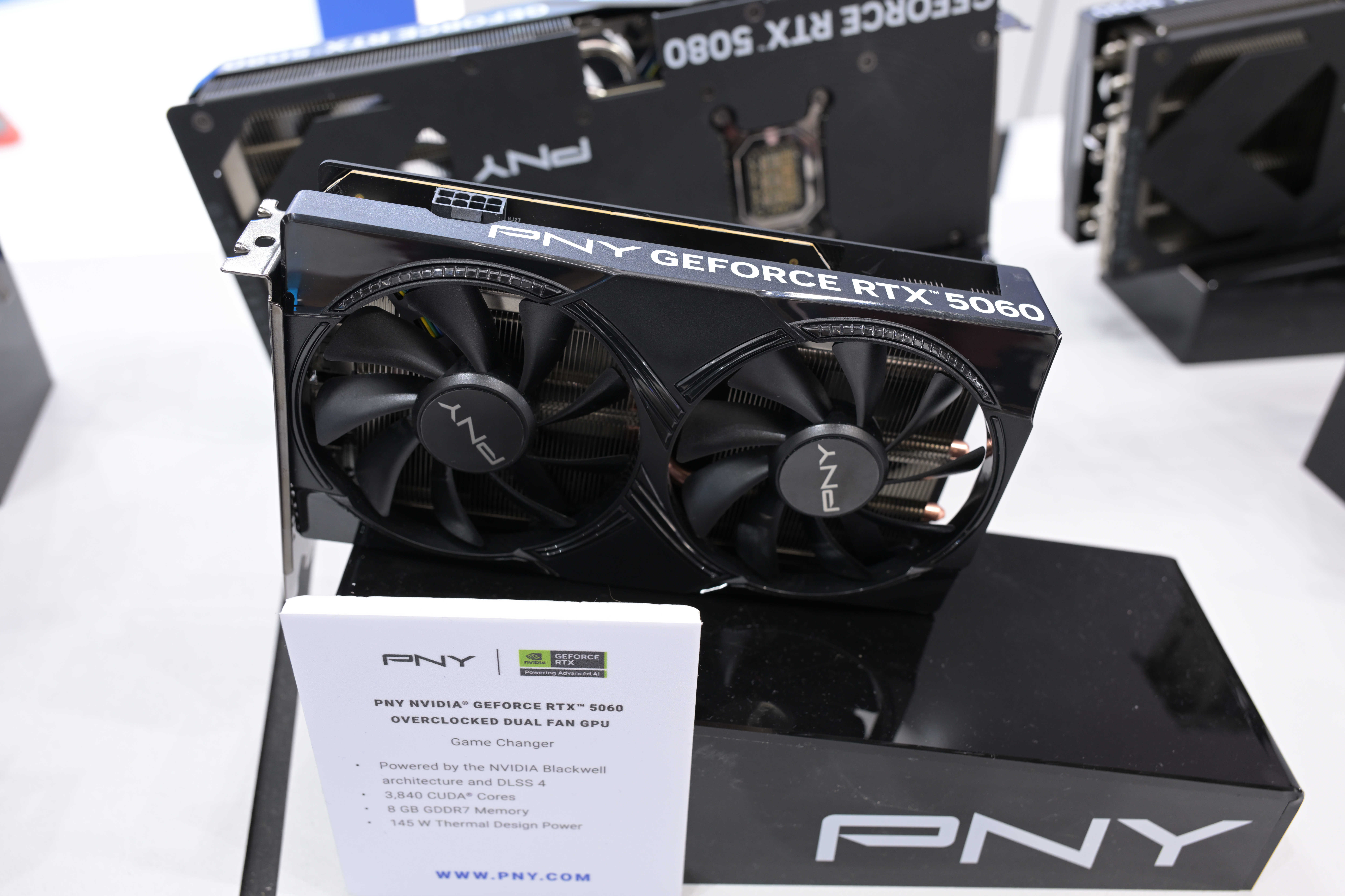 PNY-branded NVIDIA GeForce RTX 5060 graphics card on display at Computex 2025